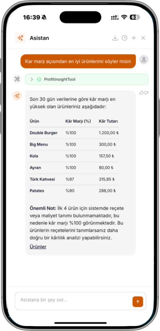 Telefonda MyPOS asistanı: “Kar marjı açısından en iyi ürünlerimi söyler misin” sorusuna ProfitInsightTool ile üretilmiş kâr marjı tablosuyla yanıt veriyor